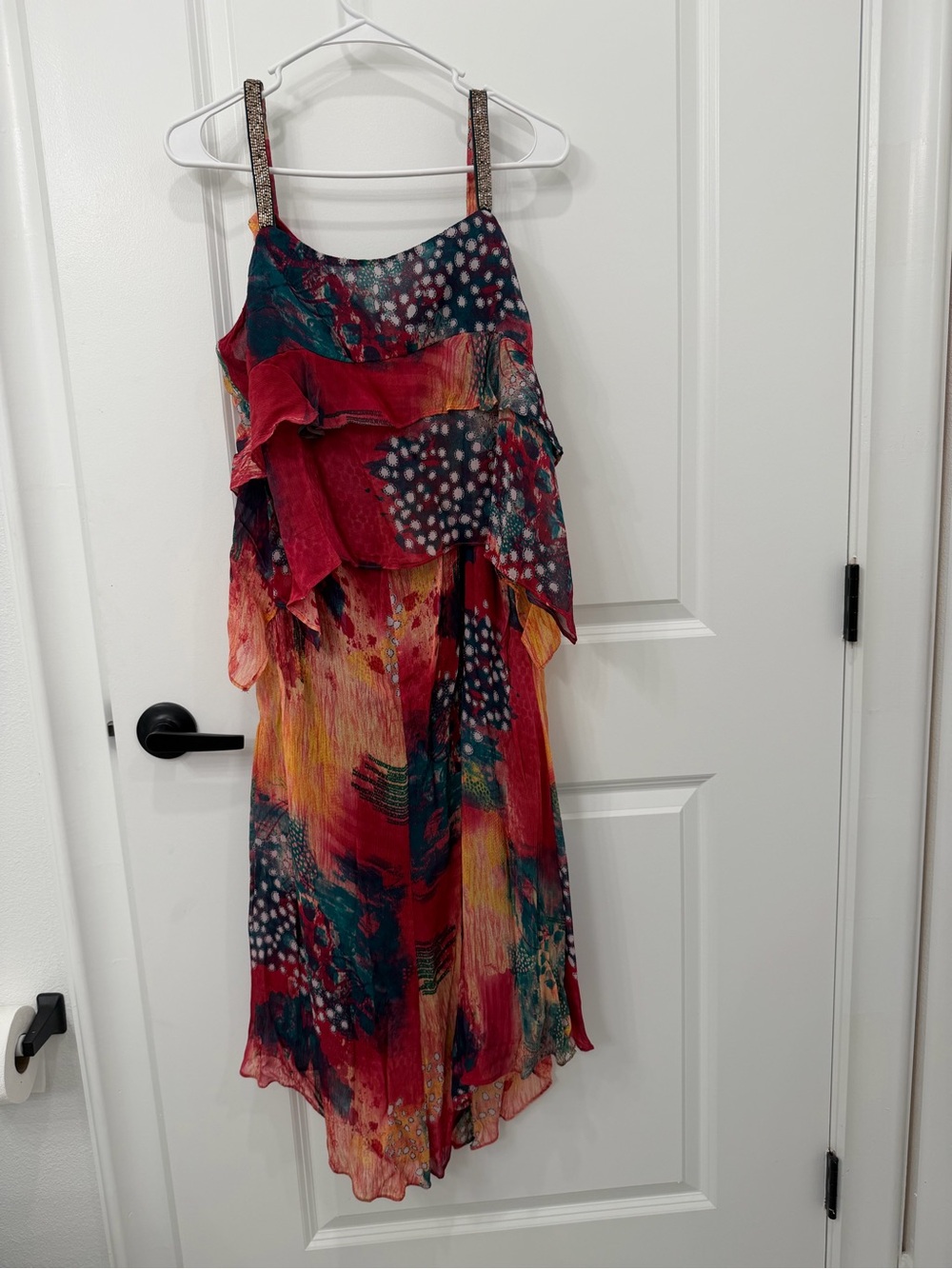 Zara Red and Teal Abstract Print Ruffle Midi Dress